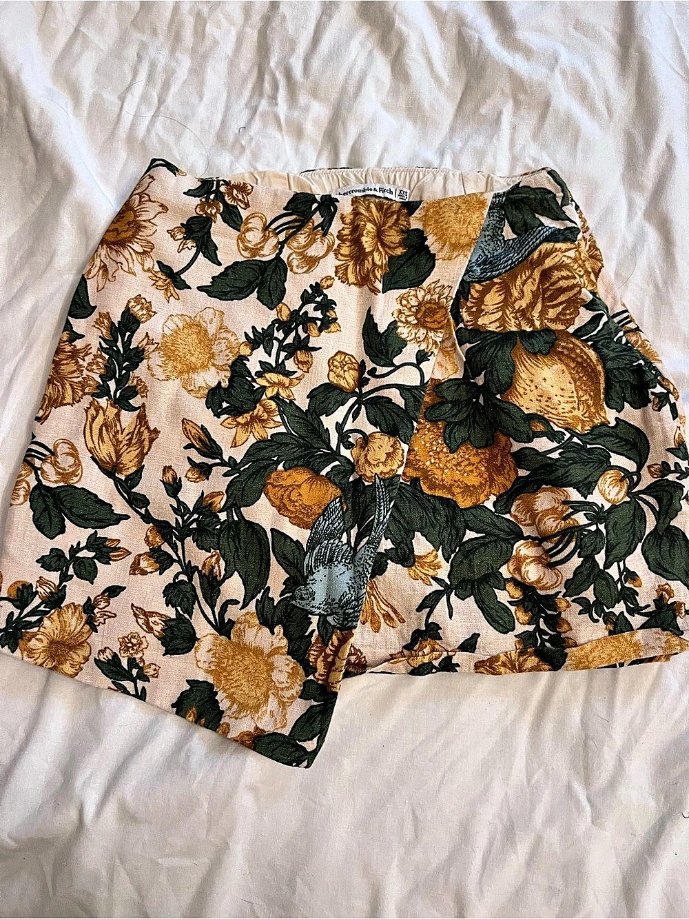 Abercrombie & Fitch Linen Blend Floral Bird Print Wrap Skort